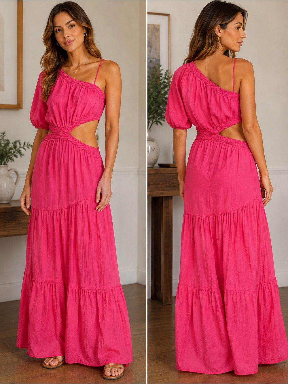 Velvet by Graham & Spencer Hot Pink One-Shoulder Cutout Maxi Dress
